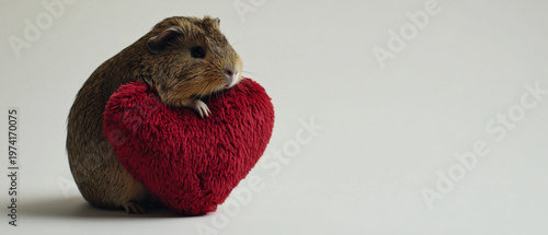 A brown and tan guinea pig rests its front paw on a fluffy red heart, against a clean, light-colored background