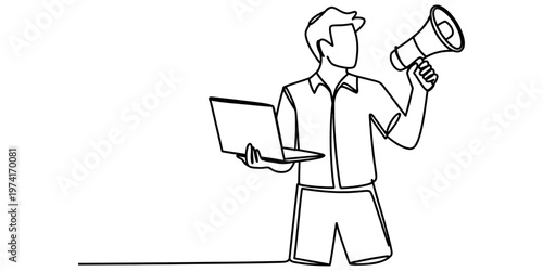 A continuous line drawing of a man holding a laptop computer and a megaphone for announcement.