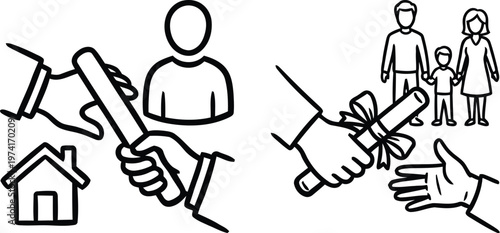 Hand drawn doodle style passing the baton and handing over a rolled diploma certificate vector illustration representing family estate planning, inheritance, and generation succession.