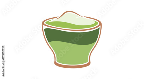 A layered drink is depicted in a stylized glass with brown trim. Green shades create depth with a frothy, light layer