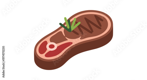 Isometric illustration of a cooked steak with grill marks, a red inner center, and a sprig of green herbs on a plain white background
