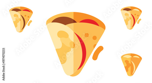 A geometric illustration of various folded food items. They have layered fillings inside and a variety of shades of brown, yellow, and red