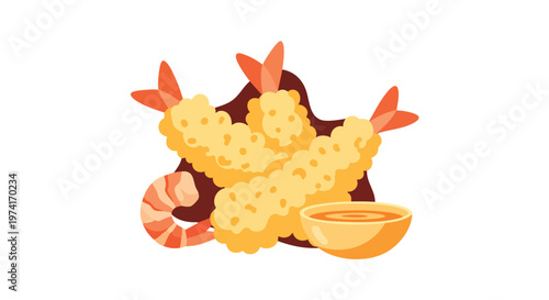 A cartoon illustration featuring fried seafood, served with a dipping sauce, against a white background. It includes a whole shrimp