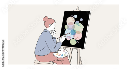 Woman painting abstract art on black canvas in minimalist style with soft pastel colors for creative inspiration