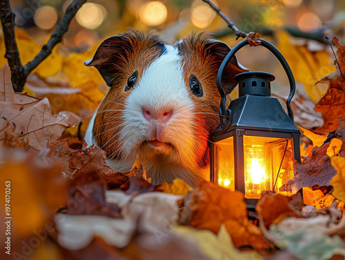 A curious guinea pig among vibrant autumn leaves and a glowing black lantern, soft bokeh in background