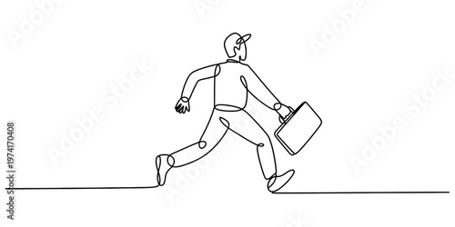 A single continuous line drawing of a businessman rushing to work while carrying his briefcase.