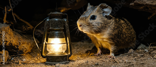A curious guinea pig is bathed in light from an old, dusty lantern, sitting on earthy ground in a dark setting