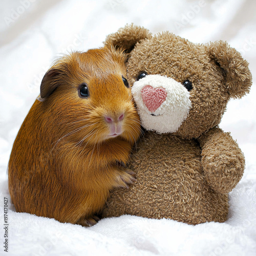 A brown guinea pig tenderly embraces a brown teddy bear with a pink heart nose, resting together on a soft white surface
