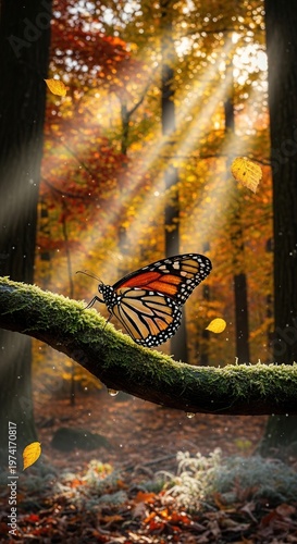 Butterfly Perched on a Branch in a Sunlit Forest.
