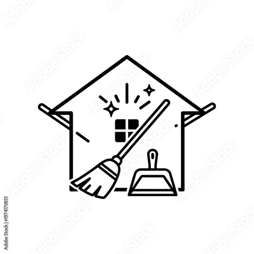 Broom and dustpan cleaning house.