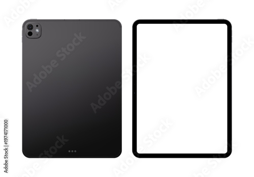 Photorealistic detailed modern black tablet mockup. Front and rear view isolated on transparent background. Vector PNG