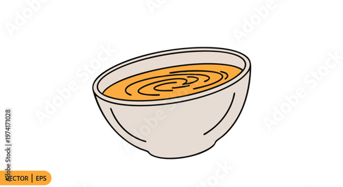 A cartoon bowl, filled with a creamy orange substance, sits on a white background. The substance has swirls. The bowl is light colored
