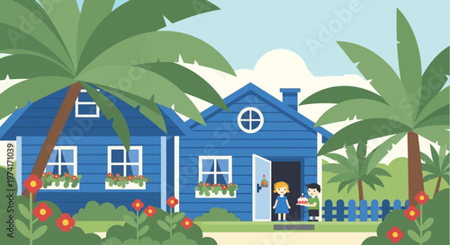 Blue house with palm trees and children a delightful silhouette on transparent background