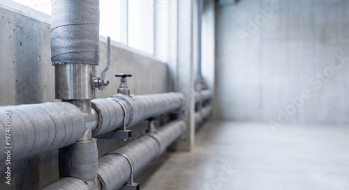 Insulated industrial pipes along concrete corridor wall