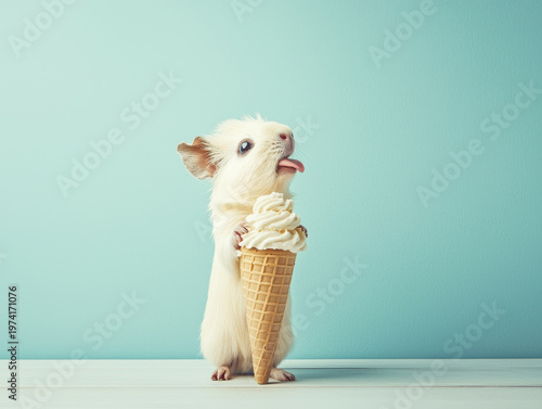 A cute white fluffy animal stands, holding a vanilla ice cream cone, tongue out, on a light blue background