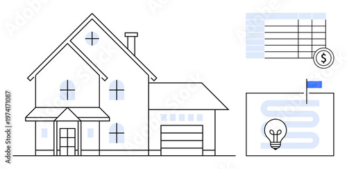 Home design and financial planning. A house graphic with financial chart and energy map concepts for better budgeting and resource optimization. Homeownership and sustainability planning . Ideal