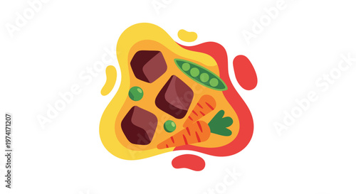 A colorful, graphic illustration of a stew featuring brown cubes, peas, carrots, and a pea pod, all arranged within a decorative, layered shape
