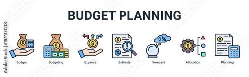 Budget Planning web banner icon vector illustration with icons of Budget,Budgeting,Expense,Estimate,Forecast,Allocation and Planning