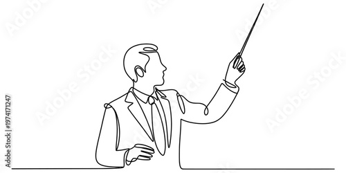 A continuous line drawing of a professional businessman pointing to something with a long stick