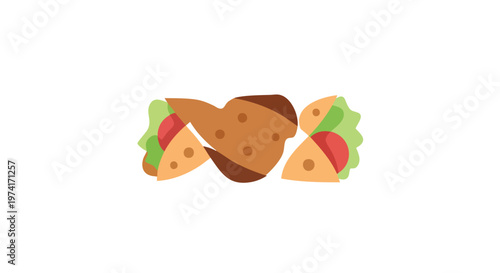A flat illustration of a taco-shaped food with brown, tan, green, and red elements on a white background. The image has a simple design