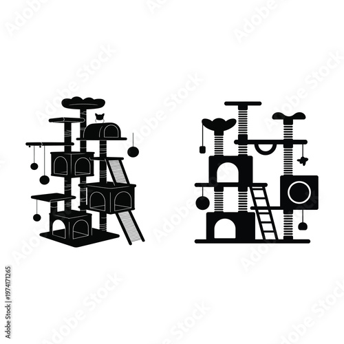 Two Modern Multi-Level Cat Tree Silhouette Illustration.