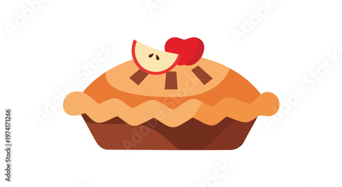 A cartoon-style illustration of an apple pie, with a fluted crust, and a slice of apple on top, and a whole red apple