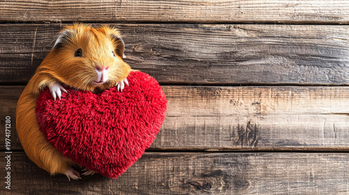 A fluffy orange guinea pig with white paws adorably holds a soft red heart against a rustic wooden background
