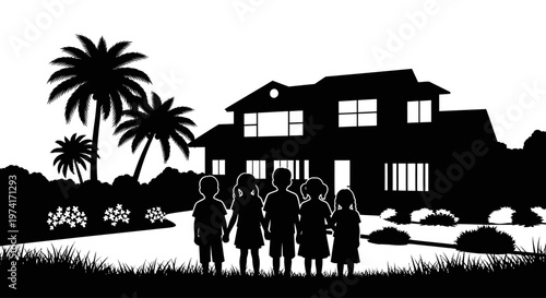 Family standing in front of a house with palm trees on transparent background silhouette