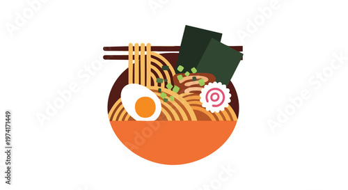 A simple, cartoon illustration of a bowl of a Japanese noodle dish with toppings. The image has a clean, minimalist design