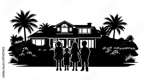 A black silhouette of a family in front of a house on transparent background