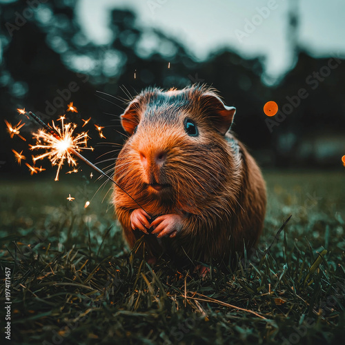 A furry brown guinea pig carefully holds a sparkling bright sparkler, sitting on green grass with a dark, blurred background