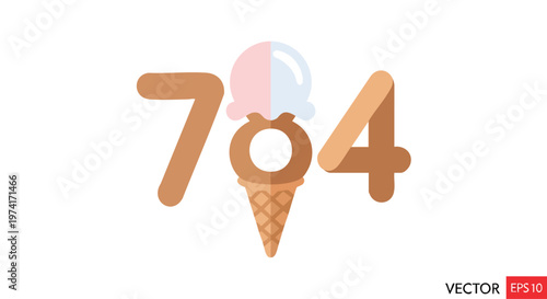 A vector illustration depicts stylized ice cream cones with the numbers 7, 0, and 4. The ice cream has a two-tone scoop