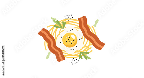 Illustration of a fried egg and bacon breakfast, garnished with herbs and pepper, on white background