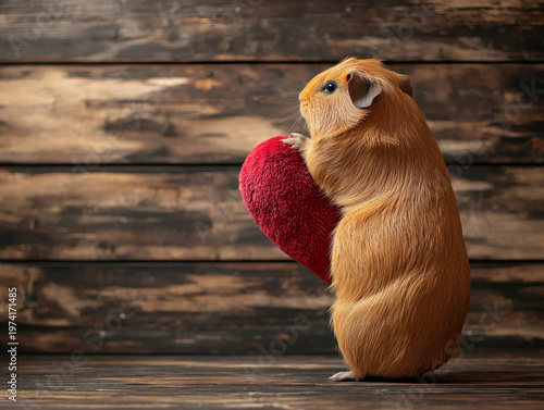 A ginger guinea pig stands upright, gently holding a fluffy red heart against its chest, set against a rustic wooden background