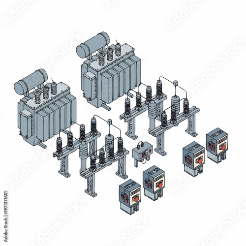 Isometric illustration of electrical substation equipment.
