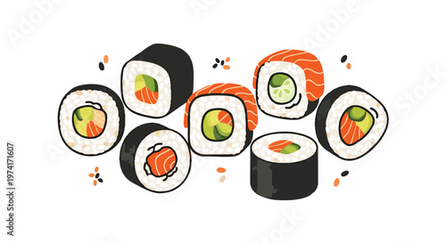 Illustration of several sushi rolls with various fillings such as salmon, avocado, and cucumber, with some floating toppings