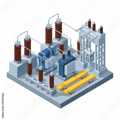 Isometric illustration of electrical power substation equipment.