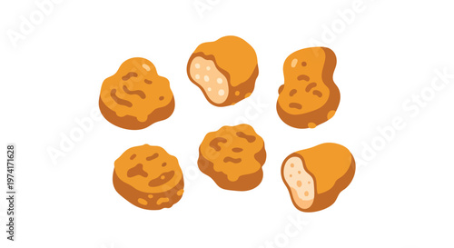 Illustration of several golden-brown food pieces, varying in shape and size, arranged against a plain white background