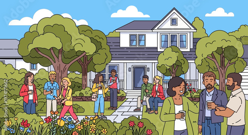 People socializing near a house with a garden on transparent background silhouette