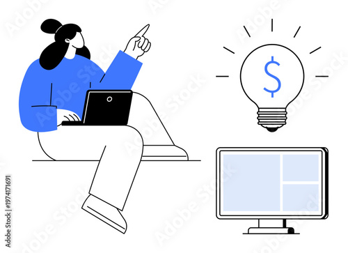 Innovation, online business, remote work, financial planning, creative ideas, technology. Woman using laptop gesturing an idea, light bulb with dollar sign computer monitor. Innovation and online