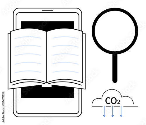 Education, environmental studies, climate impact, digital resources, research, sustainability. Open book on a smartphone, magnifying glass CO2 cloud arrows. Education and environmental studies