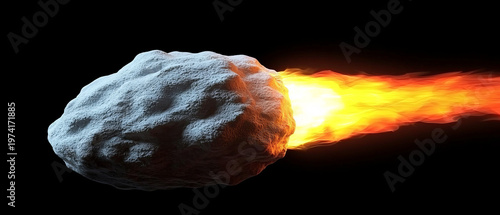 A textured, light grey asteroid with an intense, vibrant orange and yellow fiery trail against a black background