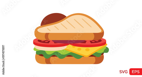 A colorful, flat-design sandwich illustration featuring two slices of bread stacked with tomato, lettuce, cheese, and a mystery item