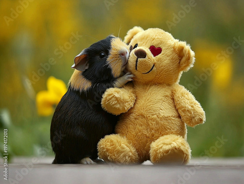 A tricolored guinea pig affectionately hugs a yellow teddy bear with a red heart eye, against blurred greenery