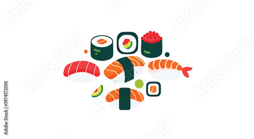 A flat illustration of sushi pieces with various fish and ingredients. The Japanese food is arranged on a white background