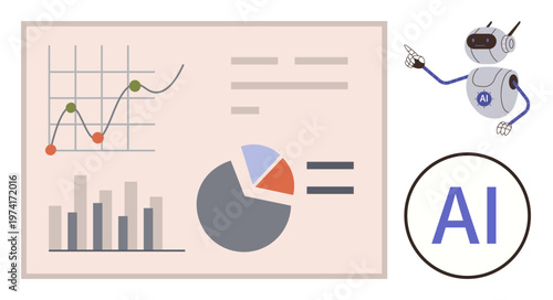 Artificial intelligence, data analytics, statistics, business insights, charting, future tech. A robot pointing to charts and graphs. Artificial intelligence and data analytics concept