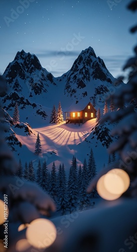 Winter cabin nestled in snowy mountains with warm lights.