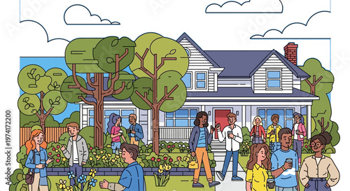Neighborhood gathering with a house and people vibrant illustration on transparent background silhouette