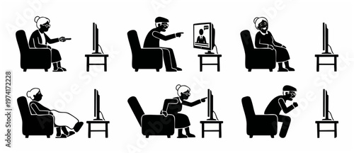 Elderly People Watching Television Icons - Seniors Sitting in Armchairs Set. Characters in various emotional states, relaxing, laughing, and news watching in a flat vector illustration style, simple b