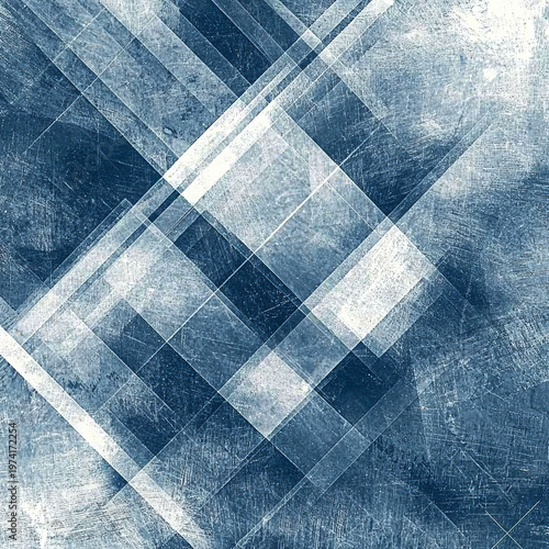 Abstract blue diagonal pattern of overlapping geometric shapes, featuring a distressed, scratched texture and transparent, layered visual depth